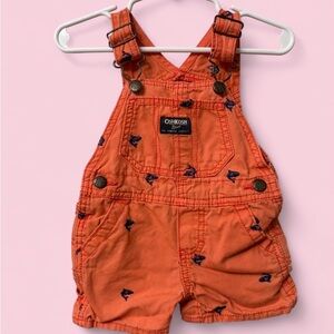 OshKosh B’gosh Coral/Orange Fish Embroidered Short Overalls Size 9 Months